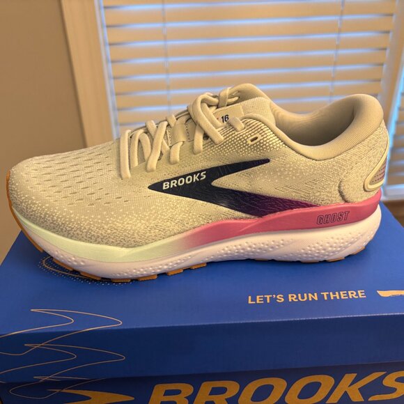 Women's Brooks Ghost 16 Running Shoes - Size 7.5 Wide - White/Grey/Estate Blue - Picture 2 of 6